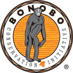 The logo for this organization is a silver bonobo standing tall on its two legs with its arms at the side. This image is encircled by "Bonobo Conservation Initiative"